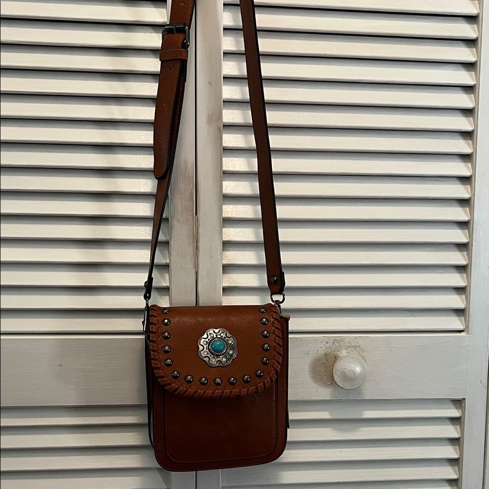 #1024+ “30X7”Brown Leather Crossbody Bag with Turquoise Accent - Picture 2 of 10